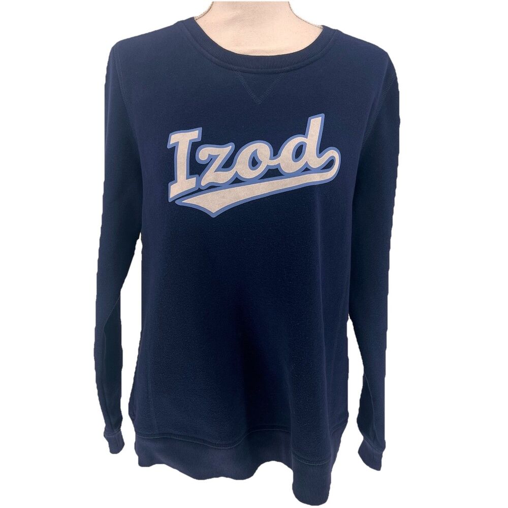 Izod Fleece Sweatshirt Large Navy Blue Logo Pull Over Crewneck Preppy